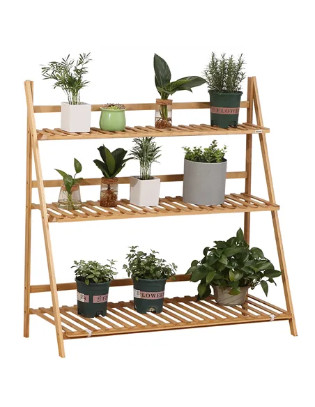 Outsunny 3-Tier Plant Stand, Plant Shelf Rack, Folding Bamboo Display Stand, 98x37x96.5cm, Natural