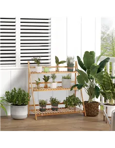 Outsunny 3-Tier Plant Stand, Plant Shelf Rack, Folding Bamboo Display Stand, 98x37x96.5cm, Natural 2