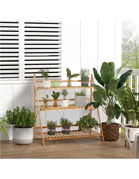 Outsunny 3-Tier Plant Stand, Plant Shelf Rack, Folding Bamboo Display Stand, 98x37x96.5cm, Natural