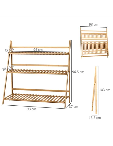 Outsunny 3-Tier Plant Stand, Plant Shelf Rack, Folding Bamboo Display Stand, 98x37x96.5cm, Natural