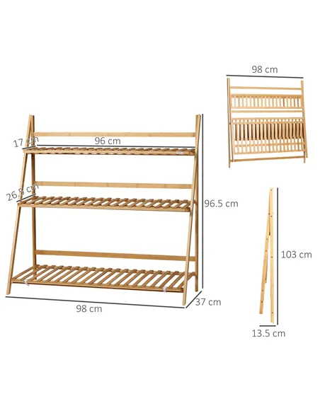 Outsunny 3-Tier Plant Stand, Plant Shelf Rack, Folding Bamboo Display Stand, 98x37x96.5cm, Natural
