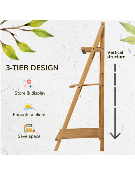 Outsunny 3-Tier Plant Stand, Plant Shelf Rack, Folding Bamboo Display Stand, 98x37x96.5cm, Natural