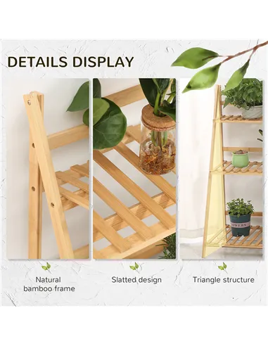 Outsunny 3-Tier Plant Stand, Plant Shelf Rack, Folding Bamboo Display Stand, 98x37x96.5cm, Natural