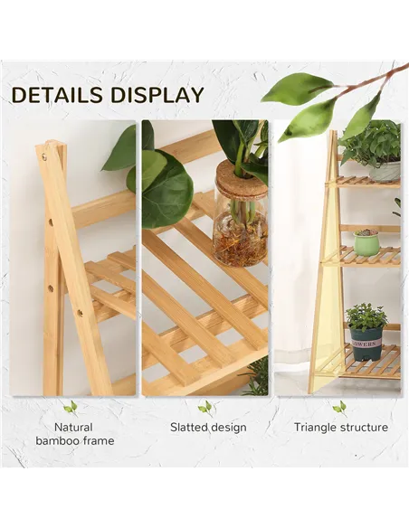 Outsunny 3-Tier Plant Stand, Plant Shelf Rack, Folding Bamboo Display Stand, 98x37x96.5cm, Natural
