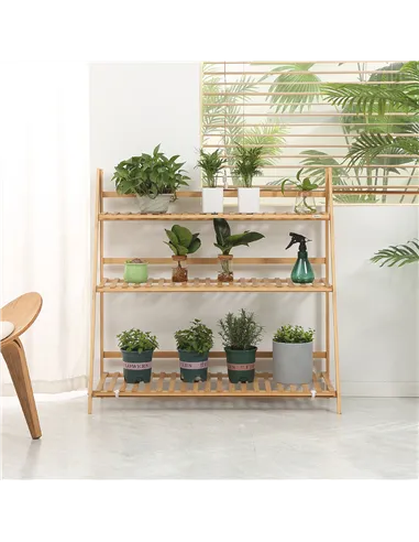 Outsunny 3-Tier Plant Stand, Plant Shelf Rack, Folding Bamboo Display Stand, 98x37x96.5cm, Natural