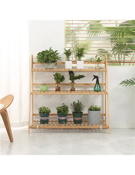 Outsunny 3-Tier Plant Stand, Plant Shelf Rack, Folding Bamboo Display Stand, 98x37x96.5cm, Natural