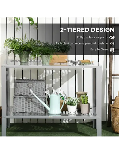 Outsunny 2-Tier Plant Stand, Corner Plant Shelf for Outdoor and Indoor Storage Organizer, Freestanding Flower Rack with Steel Fr