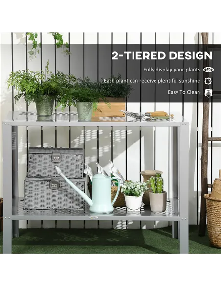 Outsunny 2-Tier Plant Stand, Corner Plant Shelf for Outdoor and Indoor Storage Organizer, Freestanding Flower Rack with Steel Fr