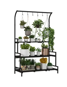Outsunny 3 Tiered Plant Rack with Hanging Hooks, Tall Plant Stand for Indoor Outdoor Porch Balcony Use, Black