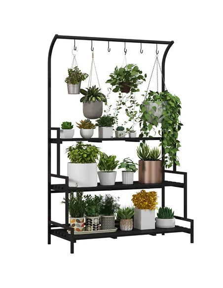 Outsunny 3 Tiered Plant Rack with Hanging Hooks, Tall Plant Stand for Indoor Outdoor Porch Balcony Use, Black