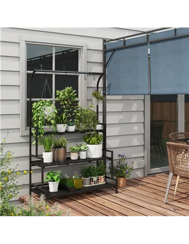 Outsunny 3 Tiered Plant Rack with Hanging Hooks, Tall Plant Stand for Indoor Outdoor Porch Balcony Use, Black