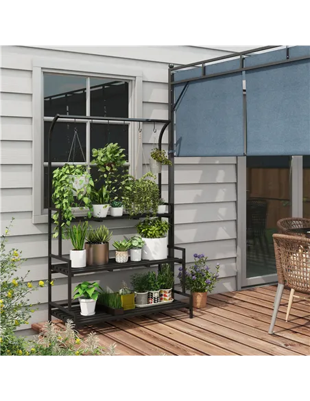 Outsunny 3 Tiered Plant Rack with Hanging Hooks, Tall Plant Stand for Indoor Outdoor Porch Balcony Use, Black