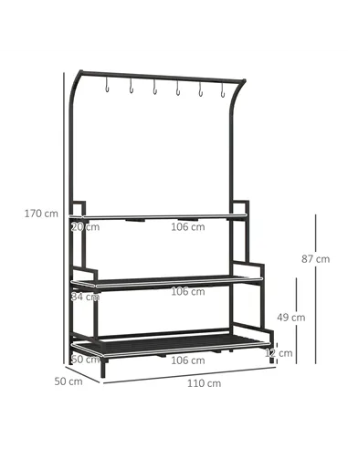 Outsunny 3 Tiered Plant Rack with Hanging Hooks, Tall Plant Stand for Indoor Outdoor Porch Balcony Use, Black