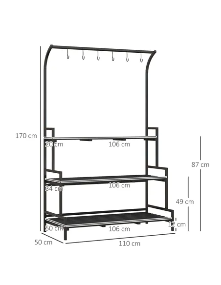 Outsunny 3 Tiered Plant Rack with Hanging Hooks, Tall Plant Stand for Indoor Outdoor Porch Balcony Use, Black