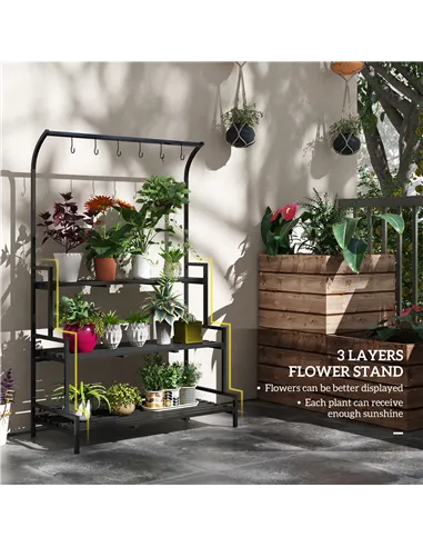 Outsunny 3 Tiered Plant Rack with Hanging Hooks, Tall Plant Stand for Indoor Outdoor Porch Balcony Use, Black