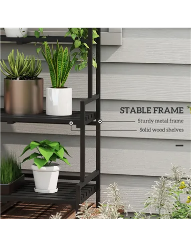 Outsunny 3 Tiered Plant Rack with Hanging Hooks, Tall Plant Stand for Indoor Outdoor Porch Balcony Use, Black