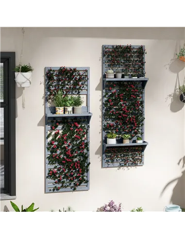 Outsunny Wall Mounted Plant Stands Set of 2, Fir Wood Flower Stand with Shelves and Slatted Trellis for Patio, Balcony, Porch