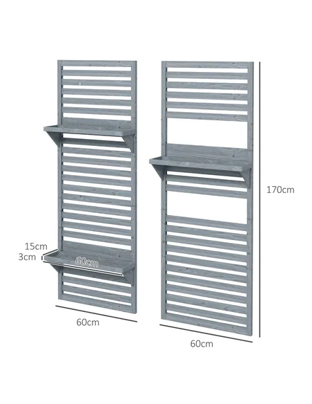 Outsunny Wall Mounted Plant Stands Set of 2, Fir Wood Flower Stand with Shelves and Slatted Trellis for Patio, Balcony, Porch