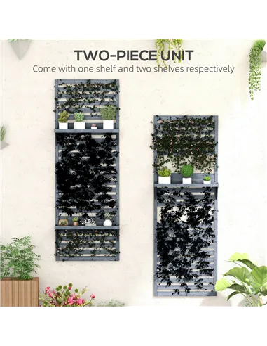 Outsunny Wall Mounted Plant Stands Set of 2, Fir Wood Flower Stand with Shelves and Slatted Trellis for Patio, Balcony, Porch