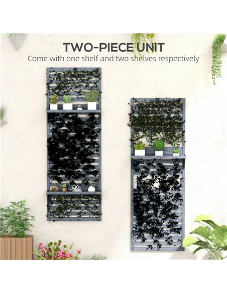 Outsunny Wall Mounted Plant Stands Set of 2, Fir Wood Flower Stand with Shelves and Slatted Trellis for Patio, Balcony, Porch