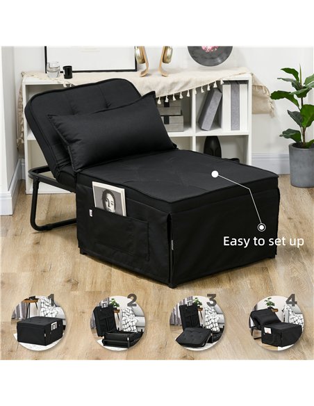 HOMCOM Fabric Sleeper Chair, Folding Chair Bed with Adjustable Backrest, Pillow, Side Pockets for Living Room, Black