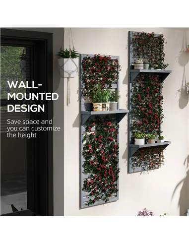 Outsunny Wall Mounted Plant Stands Set of 2, Fir Wood Flower Stand with Shelves and Slatted Trellis for Patio, Balcony, Porch