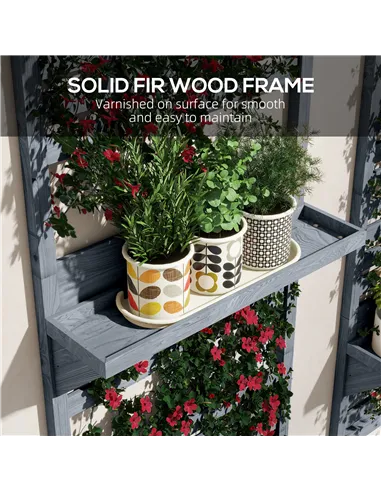 Outsunny Wall Mounted Plant Stands Set of 2, Fir Wood Flower Stand with Shelves and Slatted Trellis for Patio, Balcony, Porch