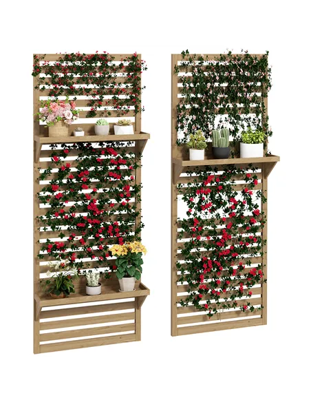 Outsunny Wall Mounted Plant Stands Set of 2, Fir Wood Flower Stand with Shelves and Slatted Trellis for Patio, Balcony, Porch