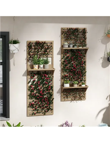 Outsunny Wall Mounted Plant Stands Set of 2, Fir Wood Flower Stand with Shelves and Slatted Trellis for Patio, Balcony, Porch