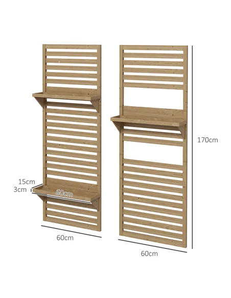Outsunny Wall Mounted Plant Stands Set of 2, Fir Wood Flower Stand with Shelves and Slatted Trellis for Patio, Balcony, Porch