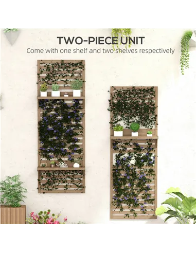 Outsunny Wall Mounted Plant Stands Set of 2, Fir Wood Flower Stand with Shelves and Slatted Trellis for Patio, Balcony, Porch