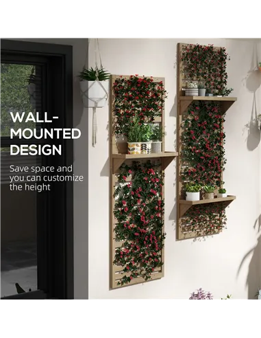 Outsunny Wall Mounted Plant Stands Set of 2, Fir Wood Flower Stand with Shelves and Slatted Trellis for Patio, Balcony, Porch