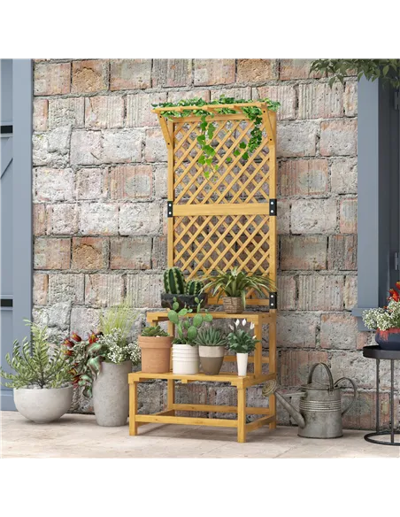 Outsunny Wooden Plant Stand, with Trellis - Natural Finish