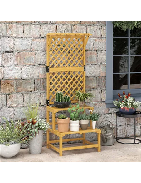 Outsunny Wooden Plant Stand, with Trellis - Natural Finish