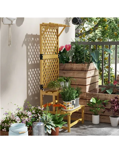 Outsunny Wooden Plant Stand, with Trellis - Natural Finish
