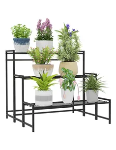 Outsunny Three-Tier Metal Plant Shelf - Black