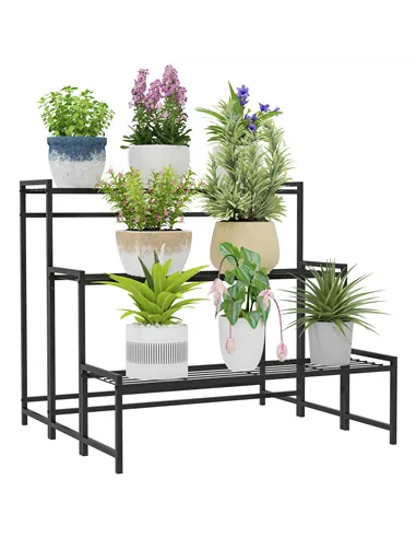 Outsunny Three-Tier Metal Plant Shelf - Black