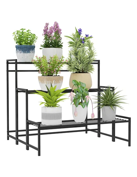 Outsunny Three-Tier Metal Plant Shelf - Black