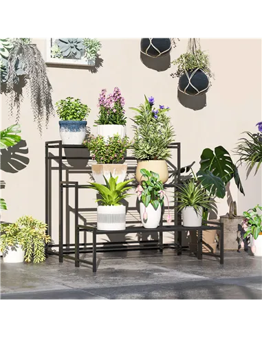 Outsunny Three-Tier Metal Plant Shelf - Black