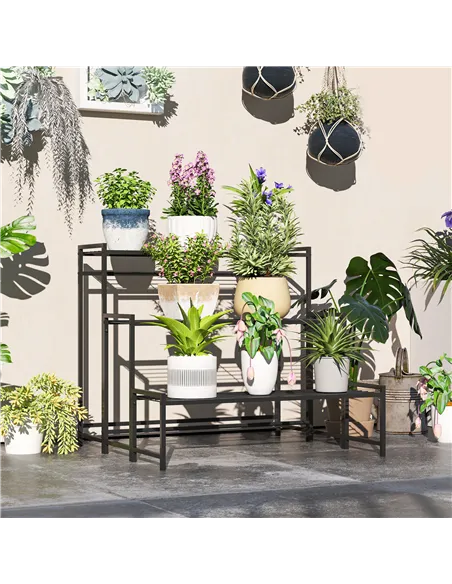 Outsunny Three-Tier Metal Plant Shelf - Black