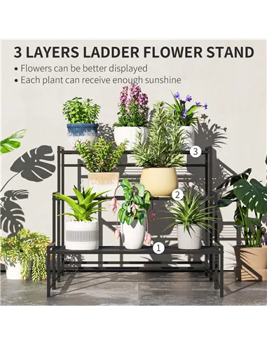 Outsunny Three-Tier Metal Plant Shelf - Black