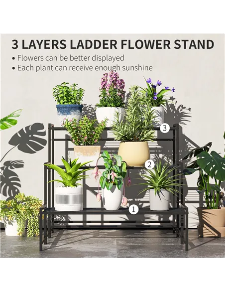 Outsunny Three-Tier Metal Plant Shelf - Black