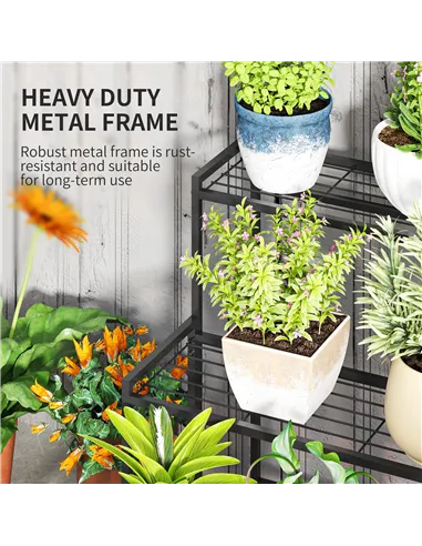 Outsunny Three-Tier Metal Plant Shelf - Black