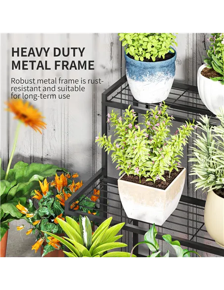 Outsunny Three-Tier Metal Plant Shelf - Black