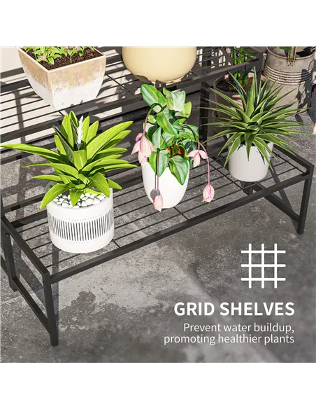 Outsunny Three-Tier Metal Plant Shelf - Black