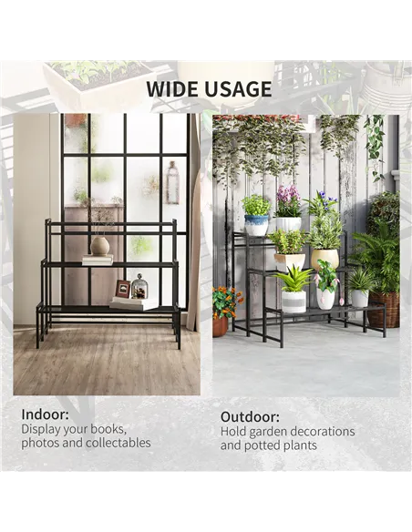 Outsunny Three-Tier Metal Plant Shelf - Black