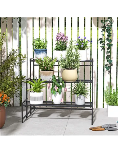 Outsunny Three-Tier Metal Plant Shelf - Black