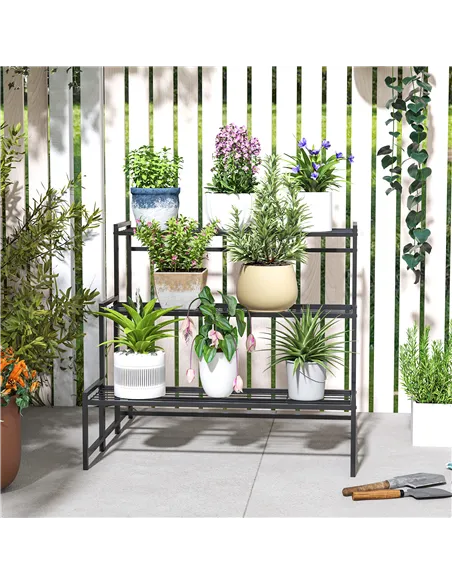 Outsunny Three-Tier Metal Plant Shelf - Black