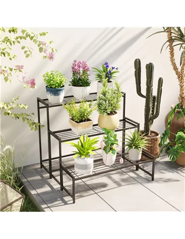Outsunny Three-Tier Metal Plant Shelf - Black