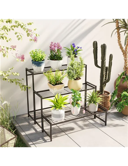 Outsunny Three-Tier Metal Plant Shelf - Black